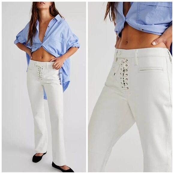 NWOT AGOLDE Finley Recycled Leather Lace Up Flare Pants White $420 Size 28